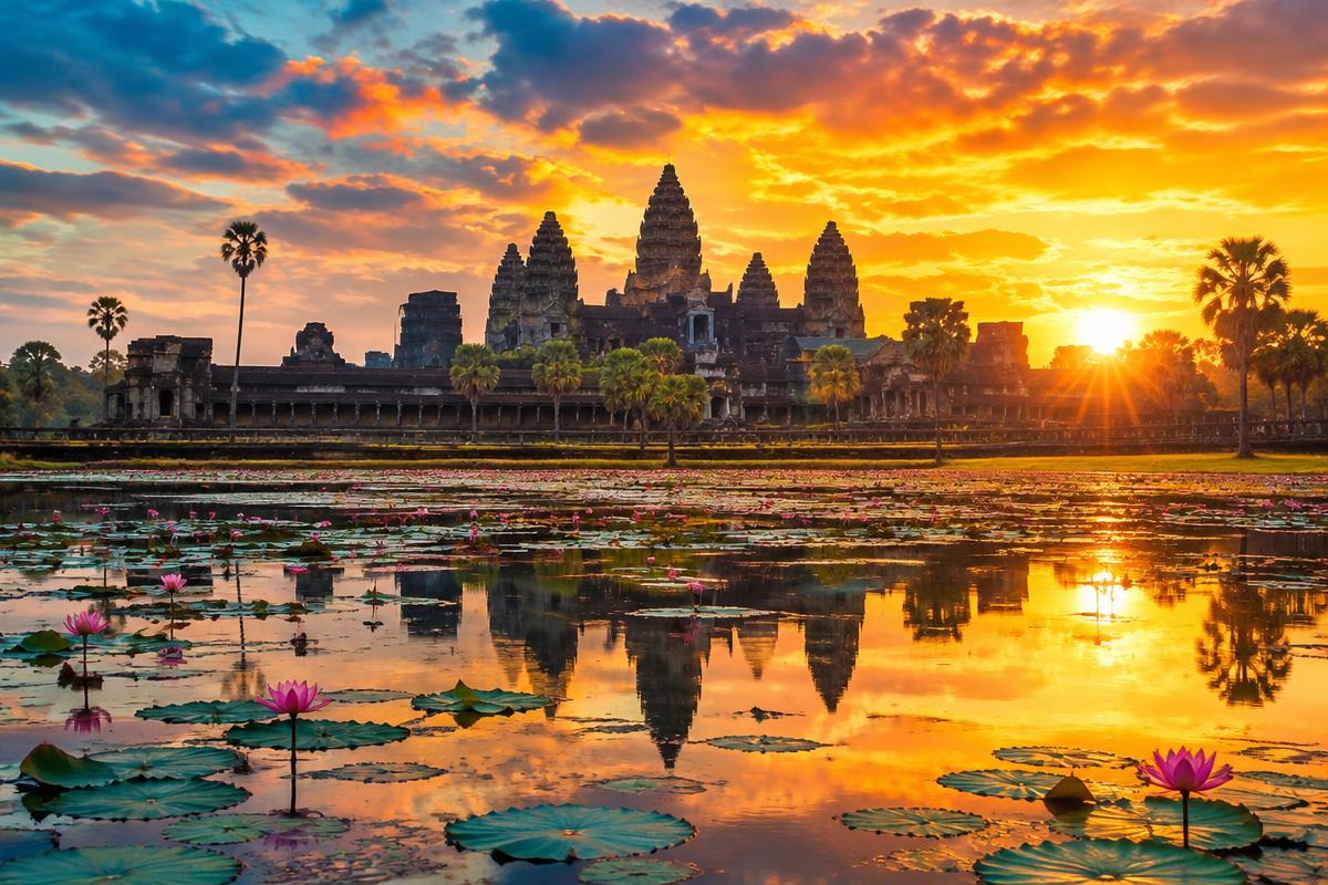 Angkor Wat at golden sunrise over a lotus pond