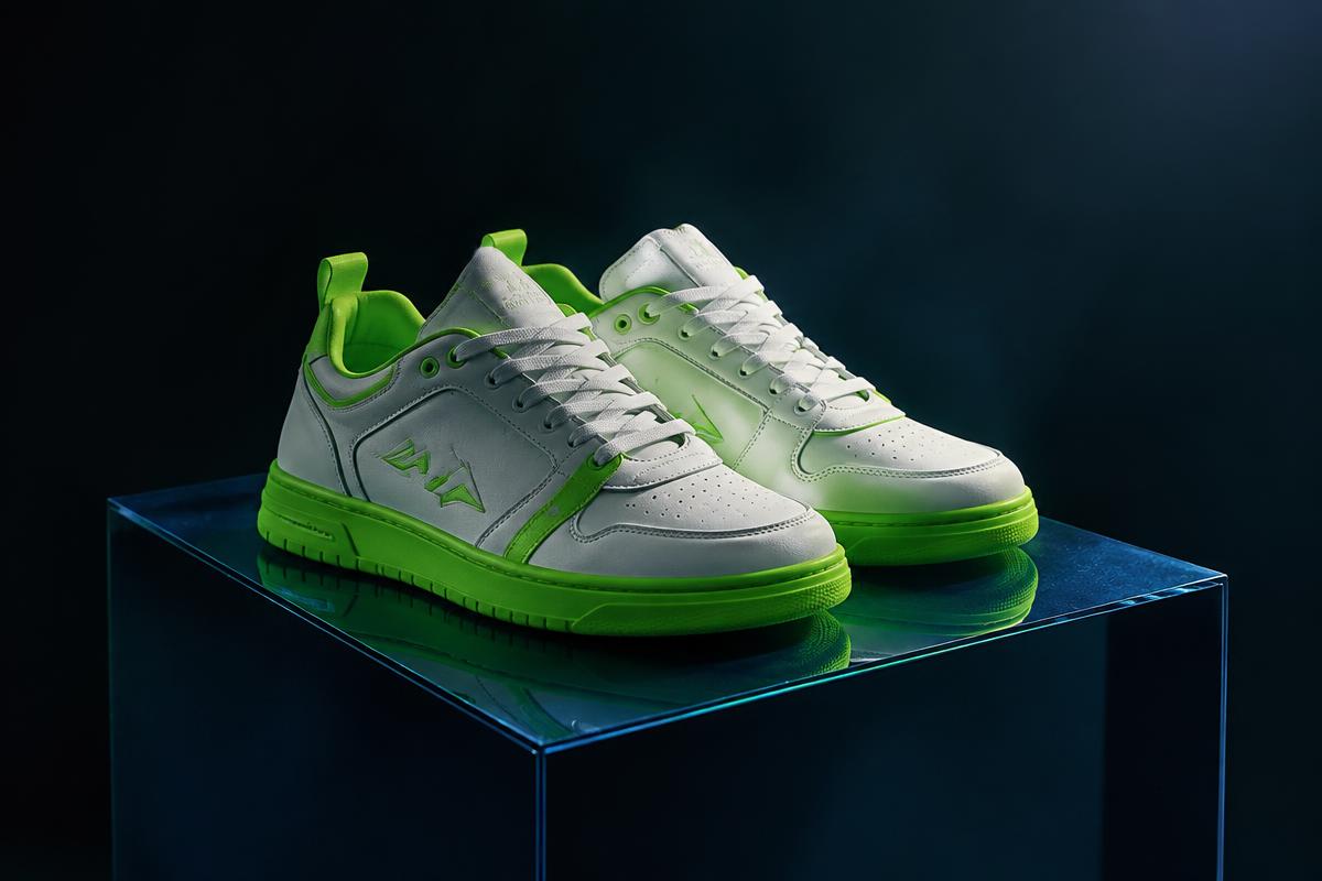White and volt-green sneakers on a glass pedestal
